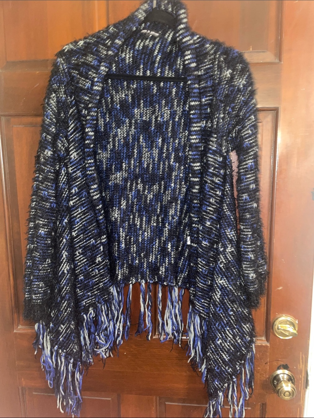 Cable & Gauge Black and Blue Fringe Open-Front Knit Cardigan